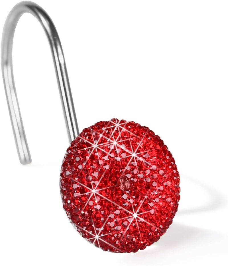 Popkozzi Red Crystal Shower Curtain Hooks – Luxury Sparkly Burgundy Rhinestone Decorative Rings for Christmas Valentines Day & Holiday Bathroom Décor – Elegant Xmas Bathroom Accessories & Gift for Women Girls - Image 1